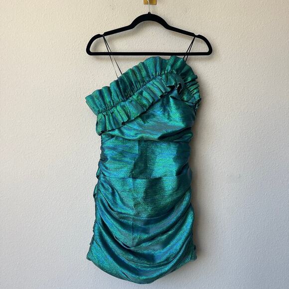 DO+BE Metallic Teal Ruffle Ruched Mini Dress Size S - Picture 3 of 7